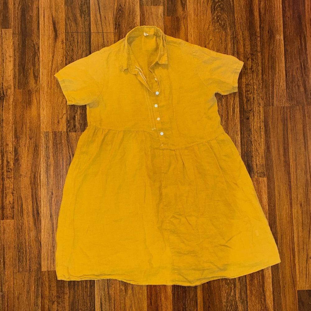 Mustard Yellow Linen Babydoll Dress Short Sleeve Button Up Mini Dress